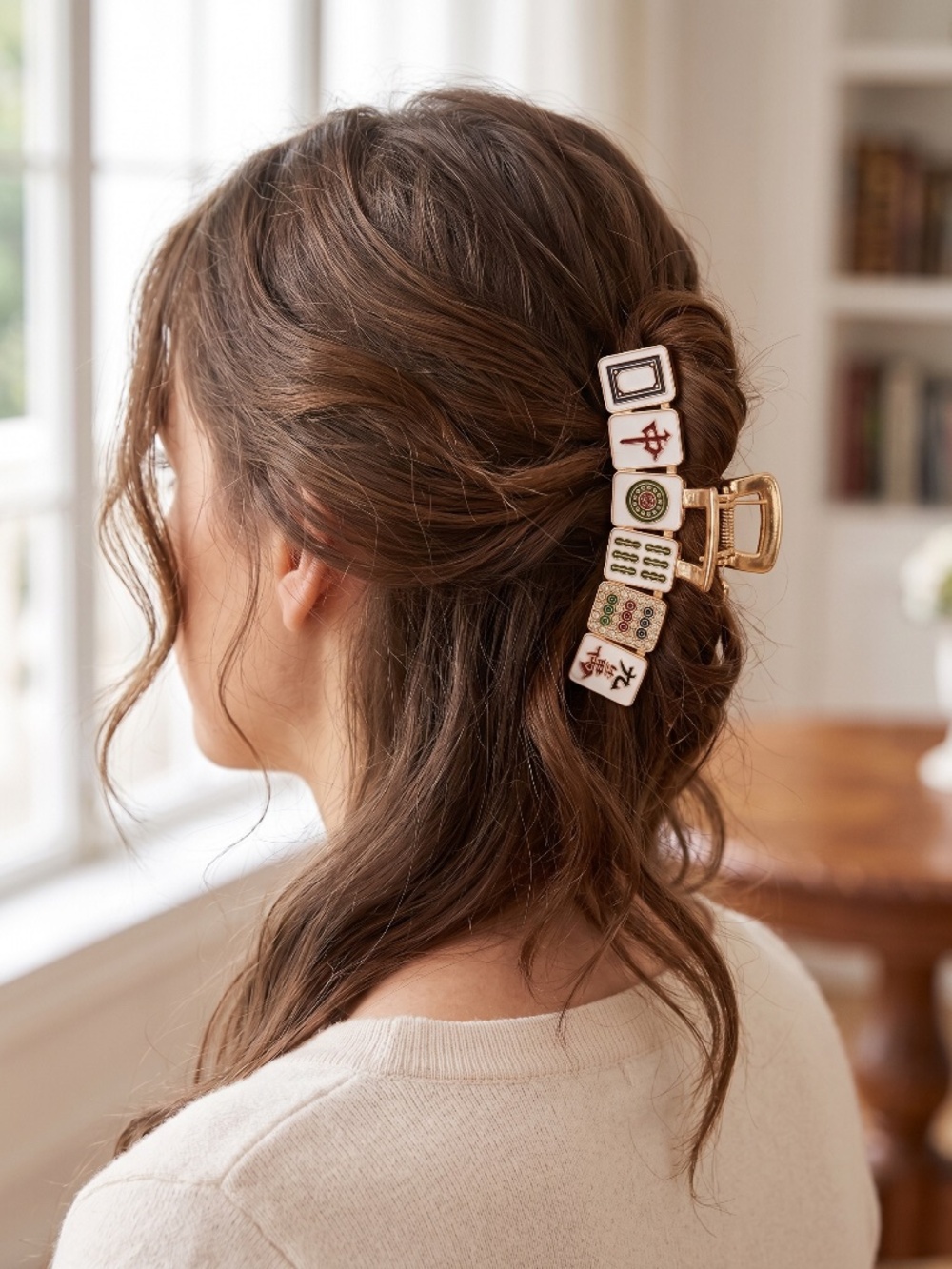 NWT Piper K Mahjong Tile Hair Claw Clip Gold Enamel Rhinestones Crack Dot Bam
